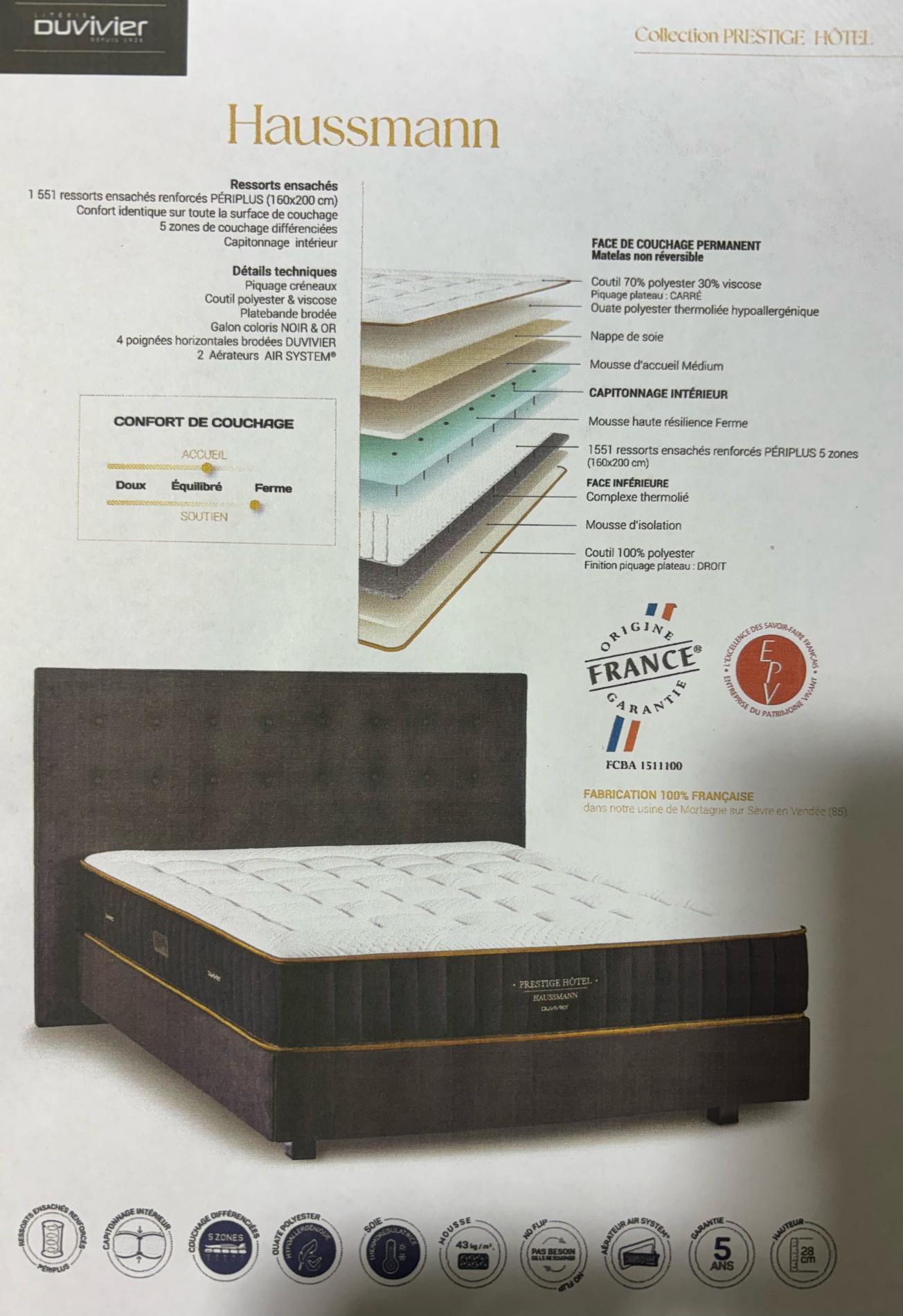 MATELAS DUVIVIER GAMME PRESTIGE HOTEL 